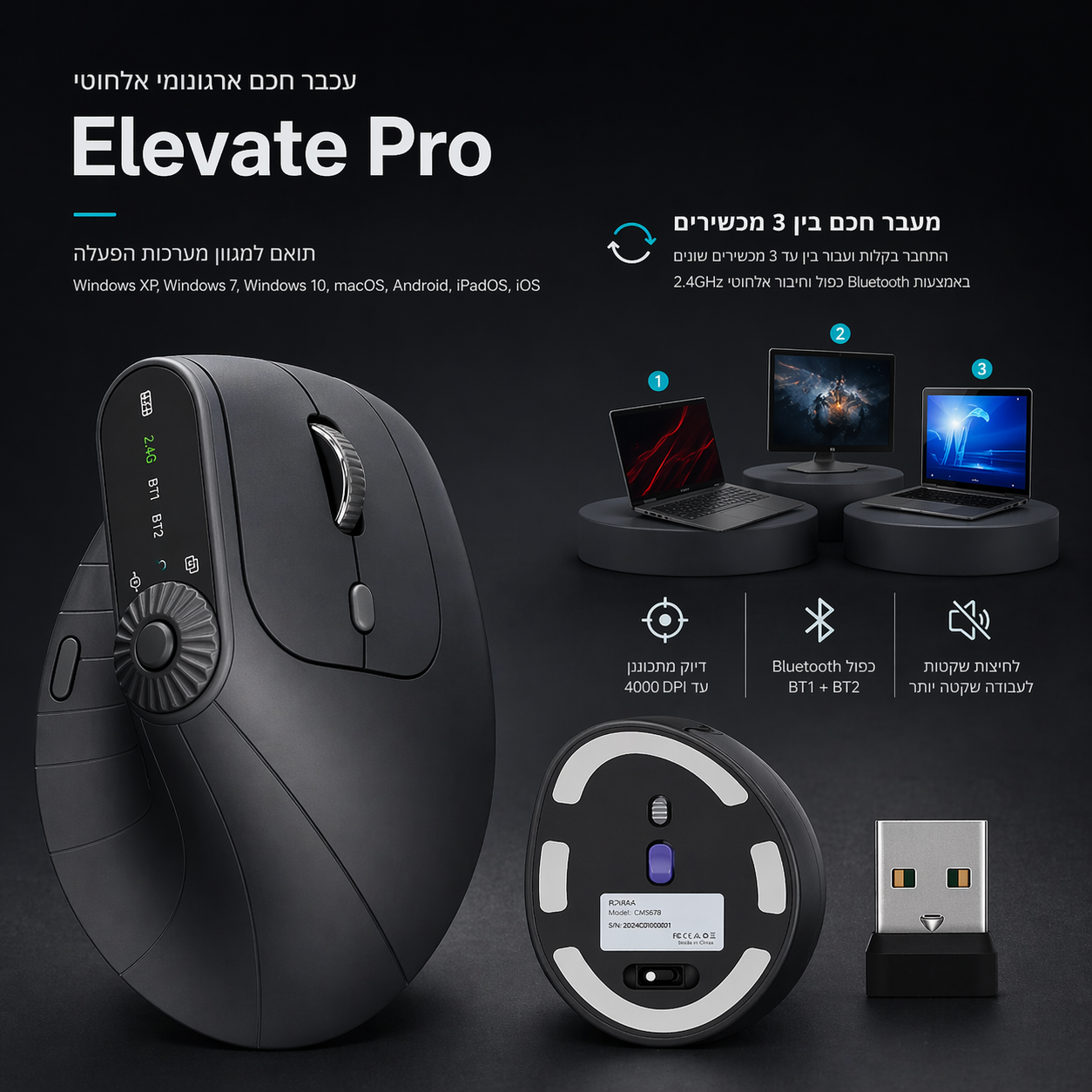 Elevate Pro - עכבר חכם ארגונומי אלחוטי